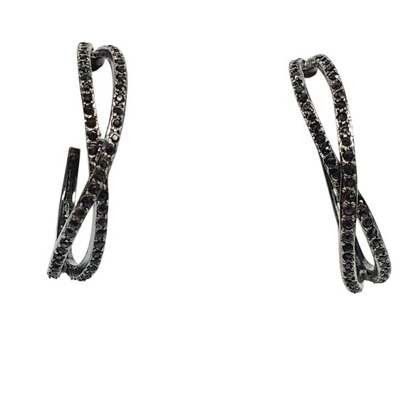 Silver Tone Black Crystal Rhinestone Double Hoop Earrings 1990s - Picture 1 of 5
